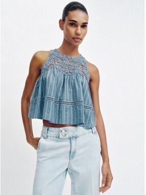 Zara Open Back Blue Crochet-Trim Sleeveless Crop Top